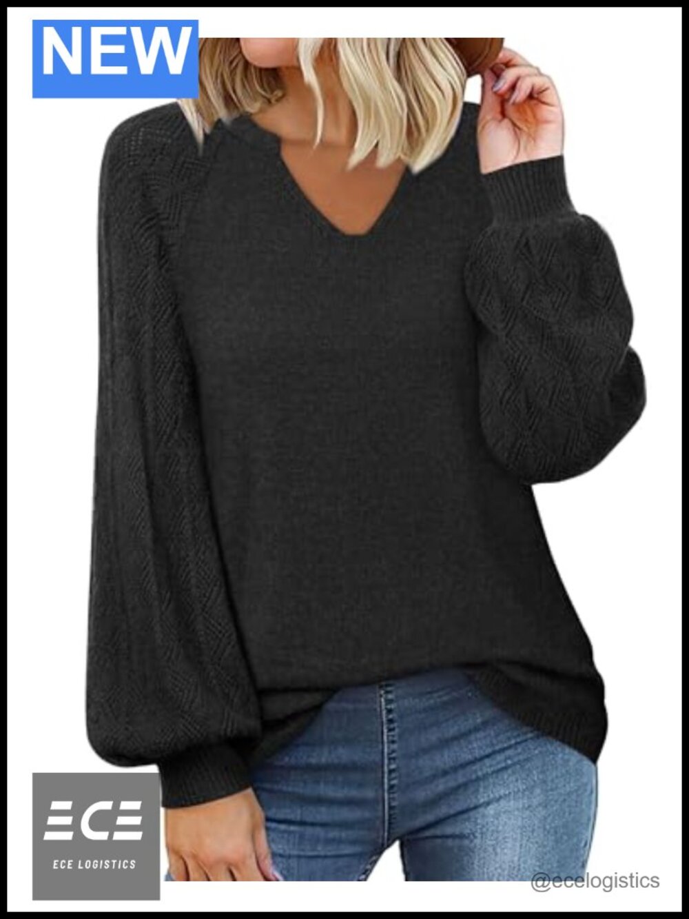 Women's Chunky Knit Pullover Sweater V-Neck Lantern Sleeve Loose Fit